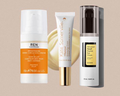 A collage of eye creams for sensitive skin we recommend on a beige background