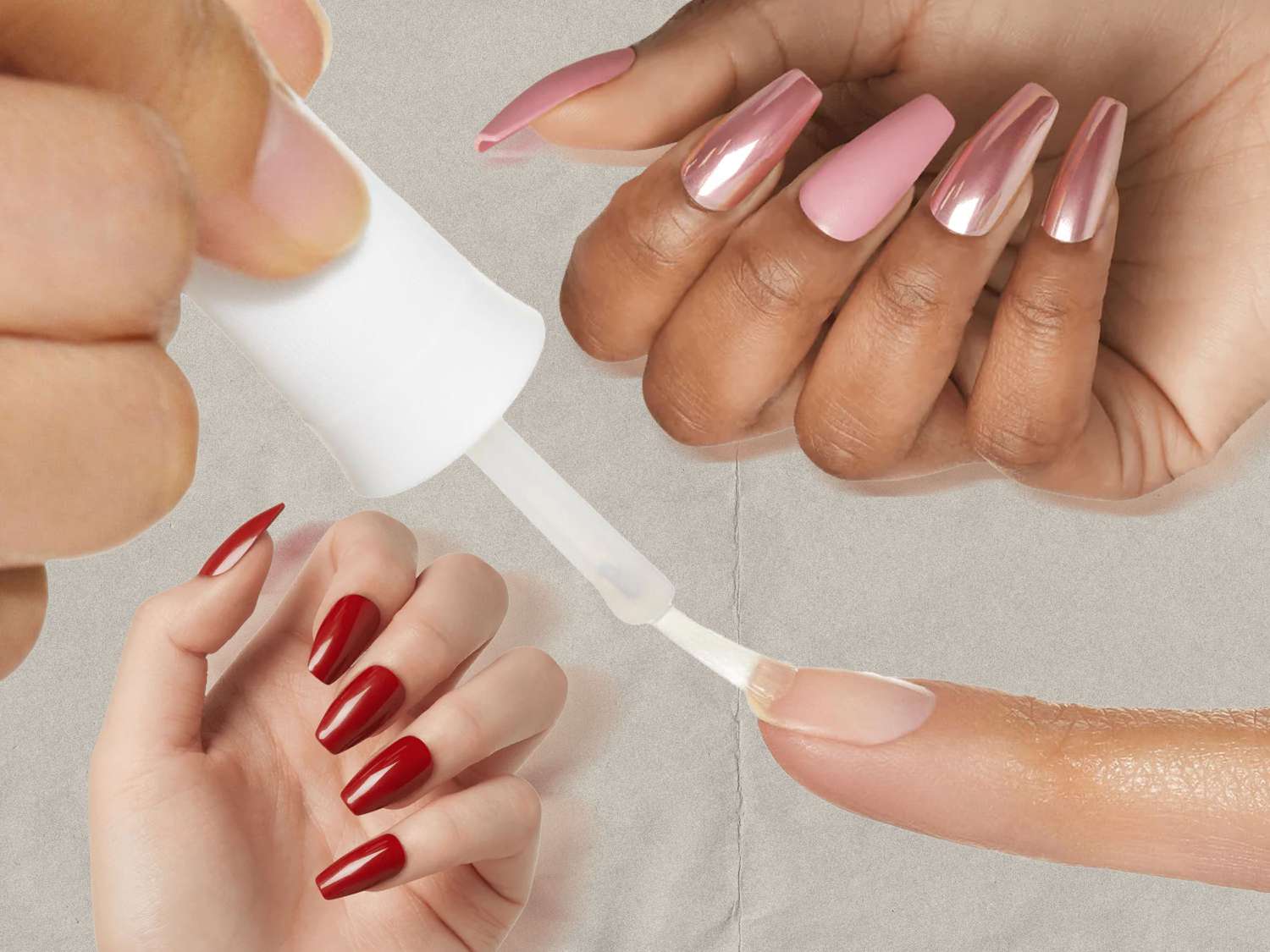 A collage of hands showing manicured and painted nails on a beige background