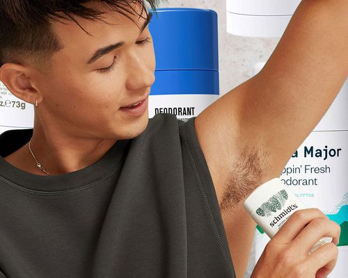 Person applying natural deodorant collaged against the best natural deodorants in the background