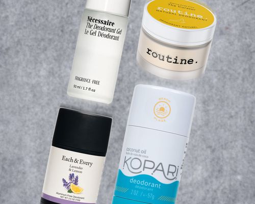 A collage of natural deodorants we recommend on a grey background