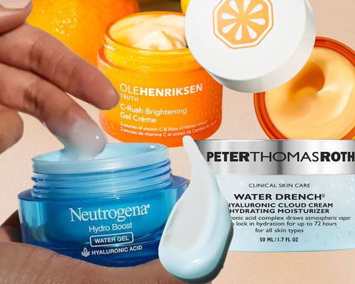 Collage of the best oil-free moisturizers we recommend on a peach background