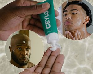 Collage of men applying face moisturizers on a gray background