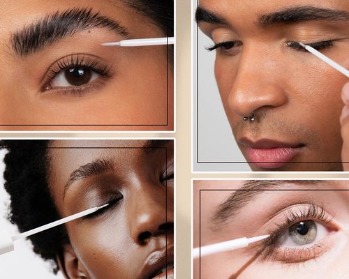 Collage of people applying lash growth serum with a brush 