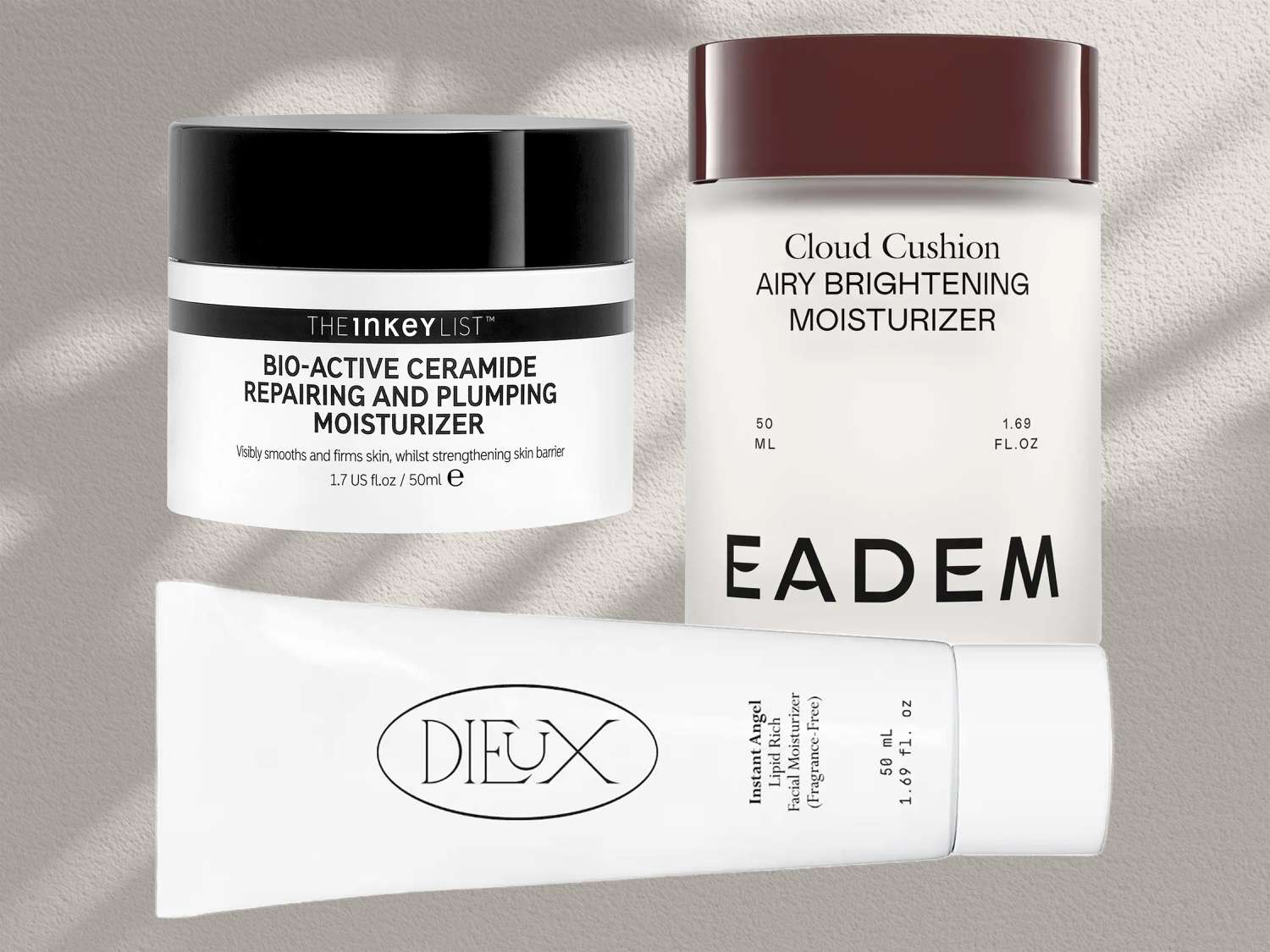 A collage of ceramide moisturizers on a gray background