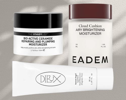 A collage of ceramide moisturizers on a gray background