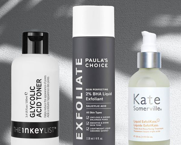 Collage of the best chemical exfoliators we recommend on a grey background