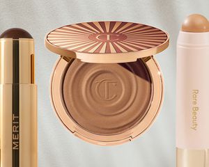 a collage of the best cream bronzers on a gray background