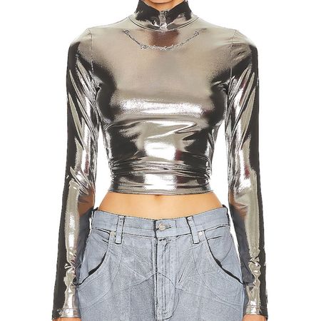 Diesel Meta Top in shiny silver with mock neck, cropped length, and long sleeves