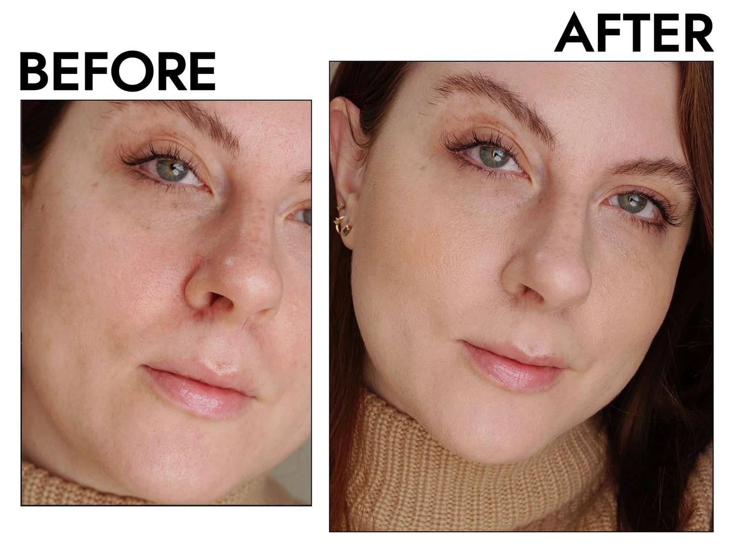 Closeup of a person's face before and after using Dr. Brandt Skincare Pores No More Pore Refiner Primer