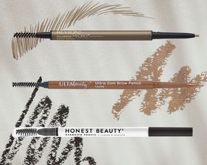 An assortment of recommended drugstore eyebrow pencils displayed on a gray background