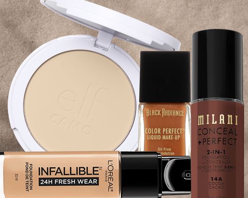 A collage of Drugstore Foundations we recommend on a beige background.