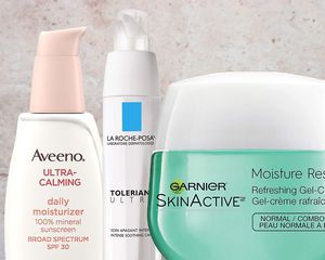 A collage of drugstore moisturizers we recommend on a beige background