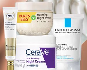 Collage of drugstore night creams we recommend on a tan background