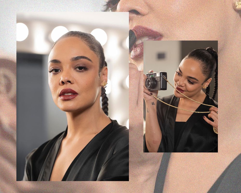 Tessa Thompson getting ready for Armani beauty event