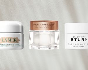 collage of recommended facial moisturizers on a cream-colored background