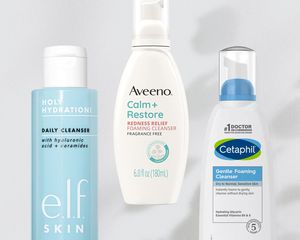 Three drugstore face washes: e.l.f., Aveno, and Cetaphil