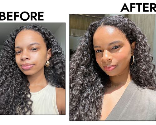 Before and after selfies of Byrdie editor Olivia Hancock wearing Fenty Soft'Lit Foundation