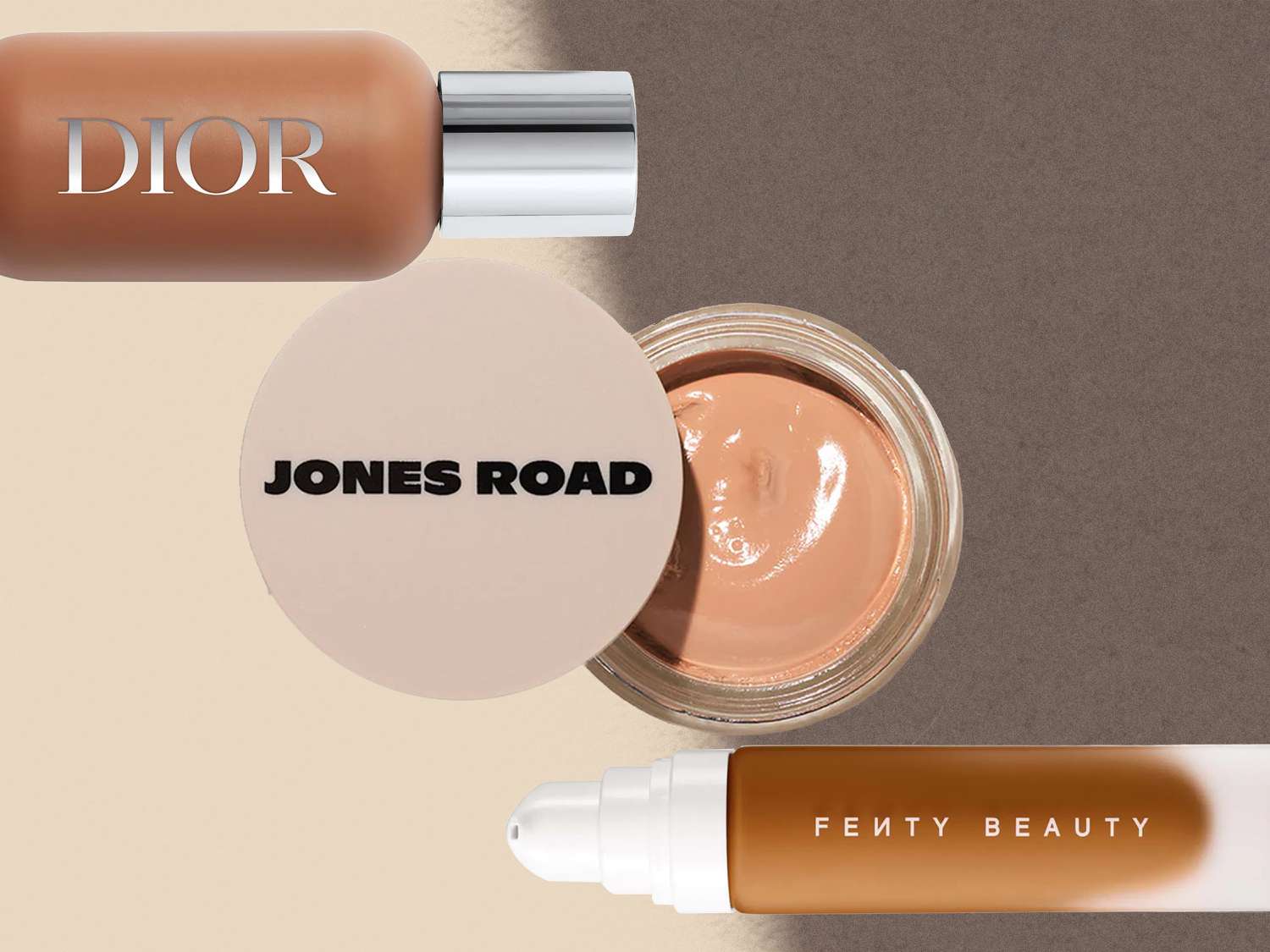 Collage of the best foundations on a tan and gray background