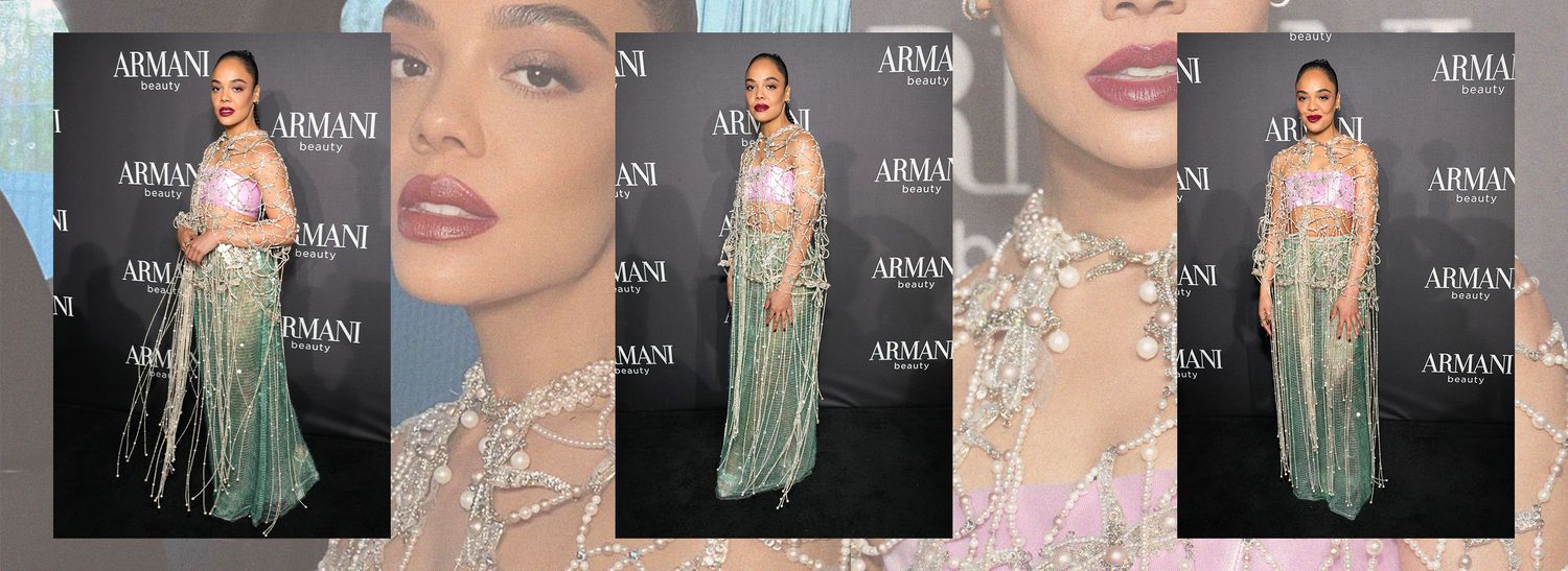 Tessa Thompson getting ready for Armani beauty event