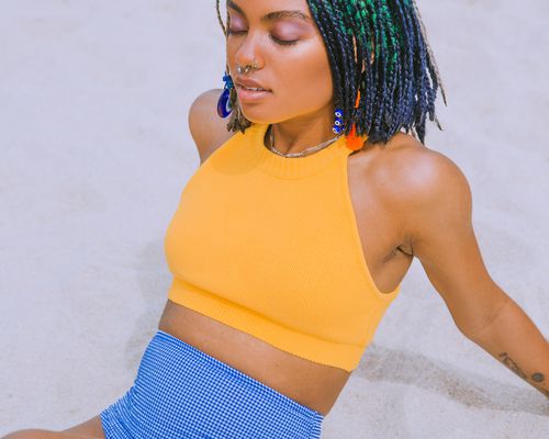 Black woman in bathing suit