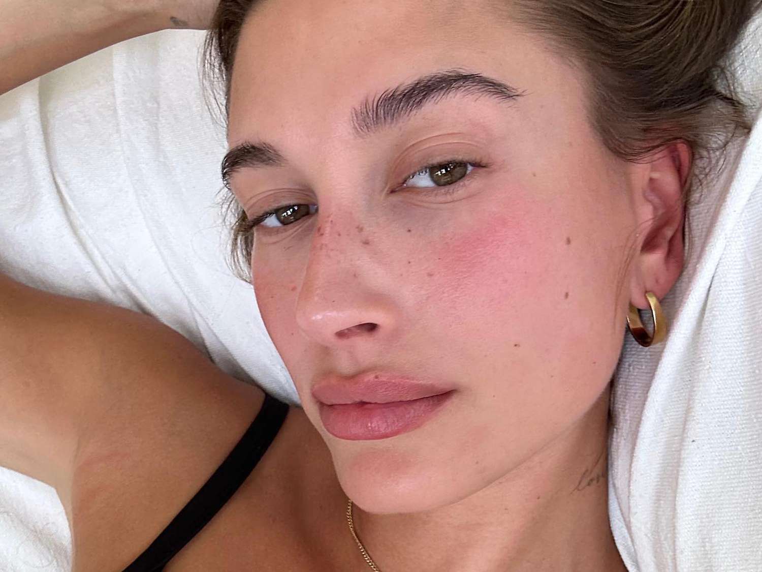 Hailey Bieber with strawberry makeup