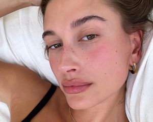 Hailey Bieber with strawberry makeup