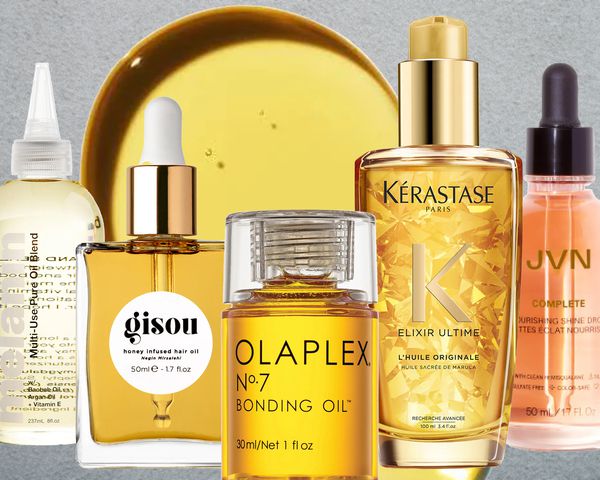 Collage of hair oils we recommend on a grey surface 