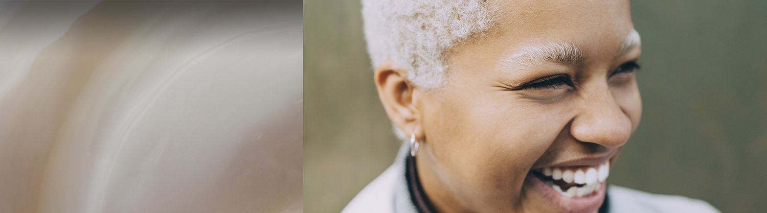 collage of swirled lotion and woman with grey hair smiling