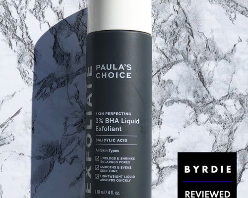 Paula's Choice Skin Perfecting 2% BHA Liquid Exfoliant displayed on a marbled background