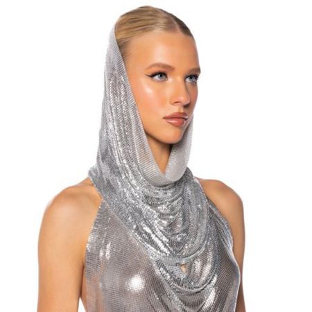 Akira In My Mind Hooded Chainmail Top in silver on model