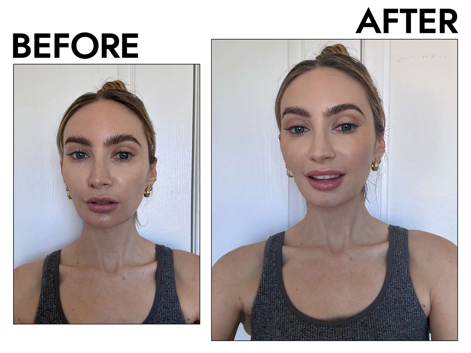 Taylor Jean Stephan before and after selfie wearing IT Cosmetics CC+ Cream Natural Matte Foundation