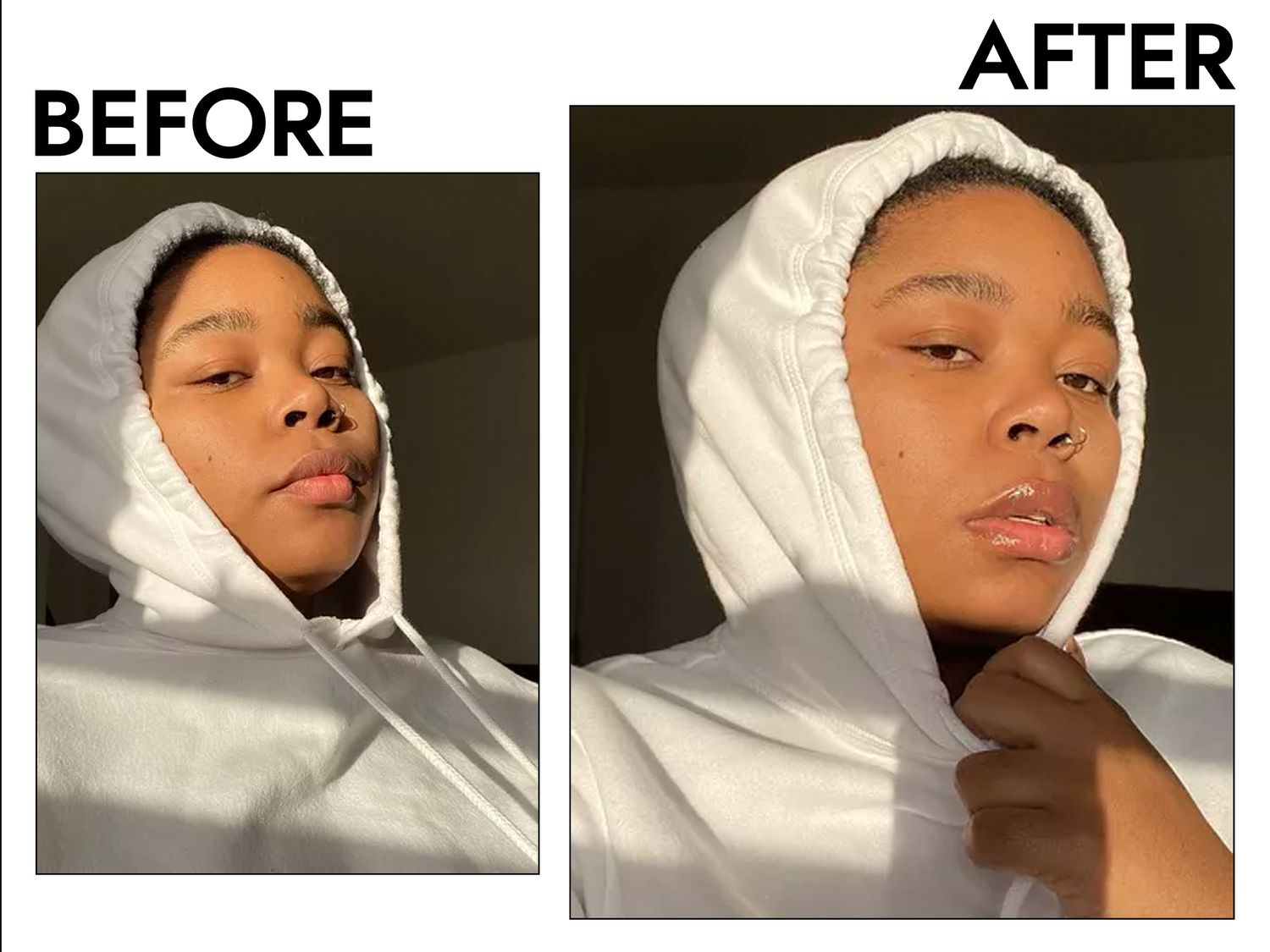 Person's face before and after using Laneige Lip Sleeping Mask