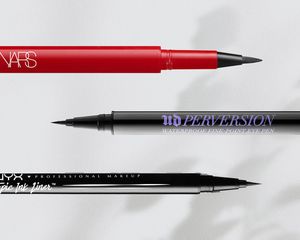 Three Liquid Eyeliners collaged against a neutral background