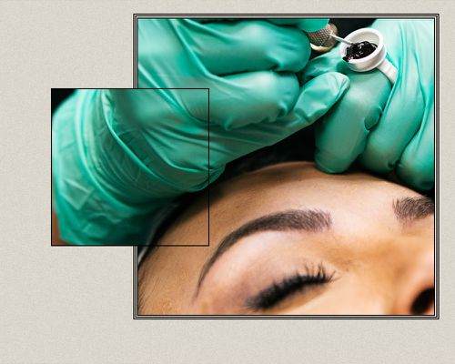 An esthetician microblades a client's eyebrows.