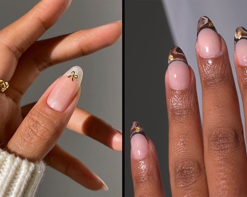 Bow (left) and marbled French tip (right) nail art