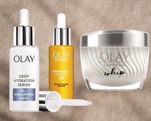 A collage of Olay products we recommend on a beige background