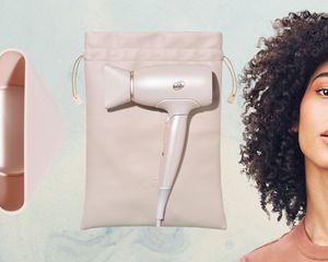 T3 Afar Travel Hair Dryer next to woman on a colorful background