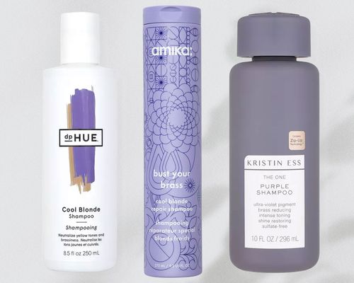 Collage of purple shampoos we recommend on a grey background 