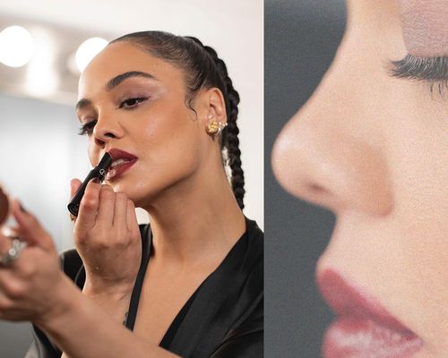 Tessa Thompson getting ready for Armani beauty event