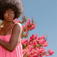 Woman in a flowy, feminine dress