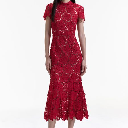 Self-Portrait Red Flower Lace Midi Dress on model