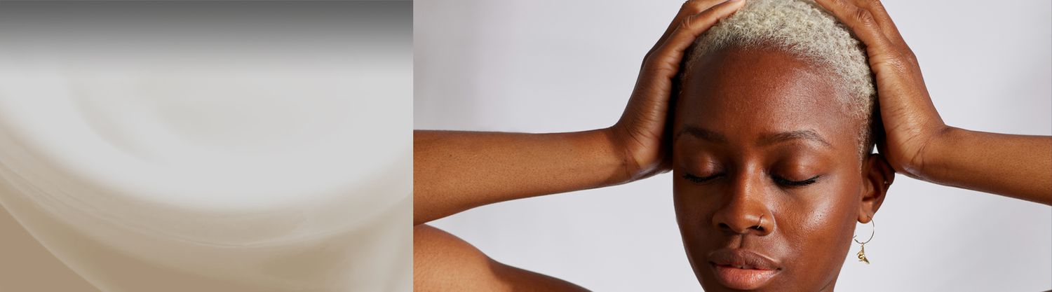 split image of swirling lotion and model holding her hands to her head 