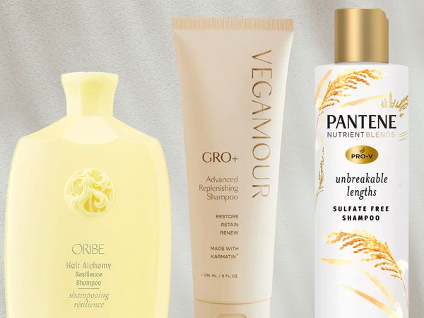 Best hair growth shampoos collaged against a gray background 