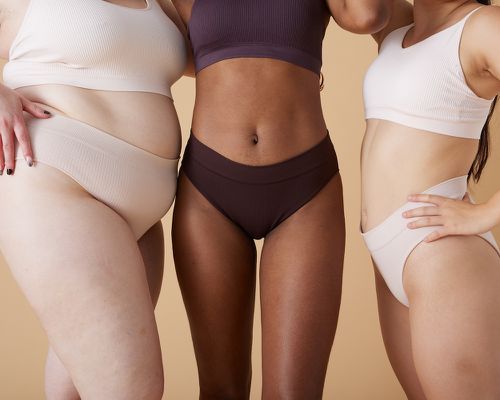 Close-up of three women in rib knit underwear with smooth skin