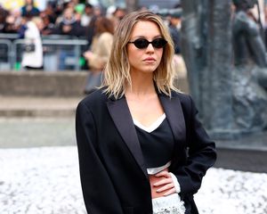 Sydney Sweeney at Miu Miu's Paris Fashion Week show in a new stretched lob, long bob, hairstyle