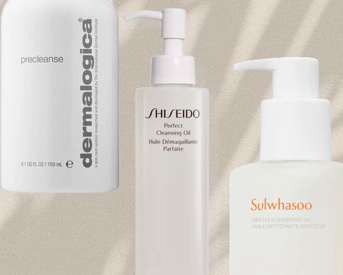 images of dermalogica precleanse, shiseido perfect cleansing oil, and sulwhasoo gentle cleansing oil on a cream-colored background with shadows