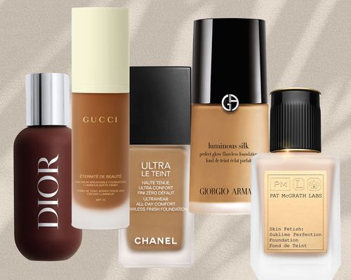 a collage of the best foundations for mature skin on a tan background