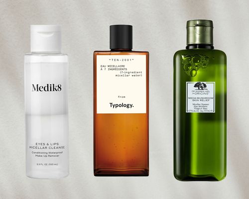 a collage of the best micellar waters on a gray background