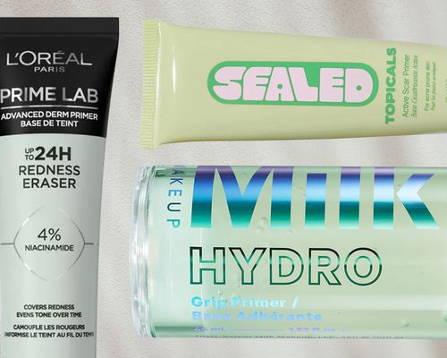 a collage of makeup primers for dry skin on a marble background