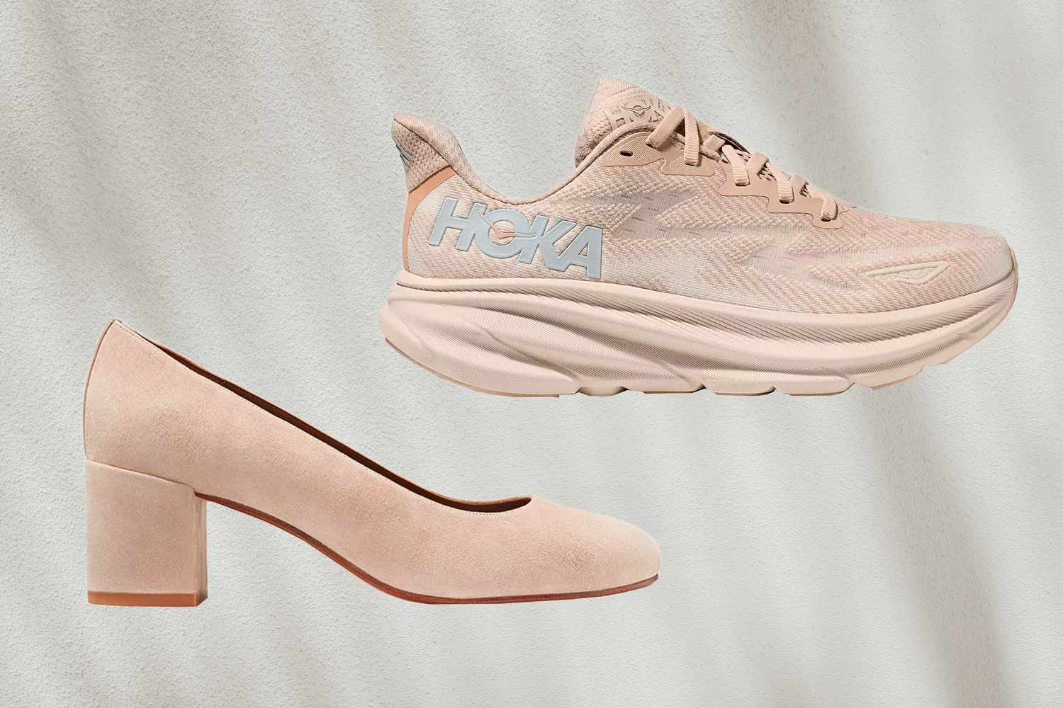 A light pink Hoka sneaker and a light pink heeled shoe on a white background